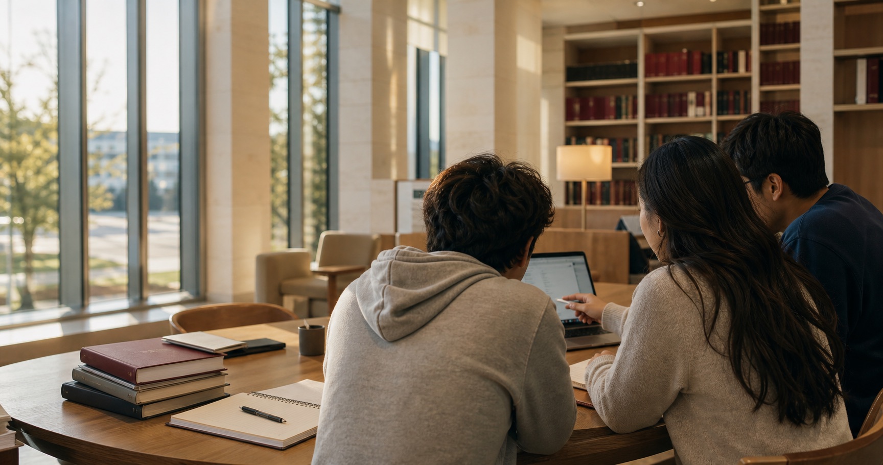 Students and an advisor planning together in a sunlit library